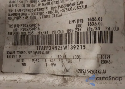 2005 Ford Focus S/Se/Ses z USA, uszkodzony, nr VIN 1FAFP34N25W139215